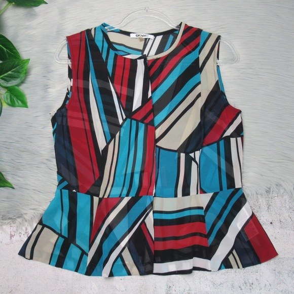 DKNYC Sheer Peplum Striped Multicolored Blouse Sleeveless Button Front Women’s 8 - Picture 6 of 12